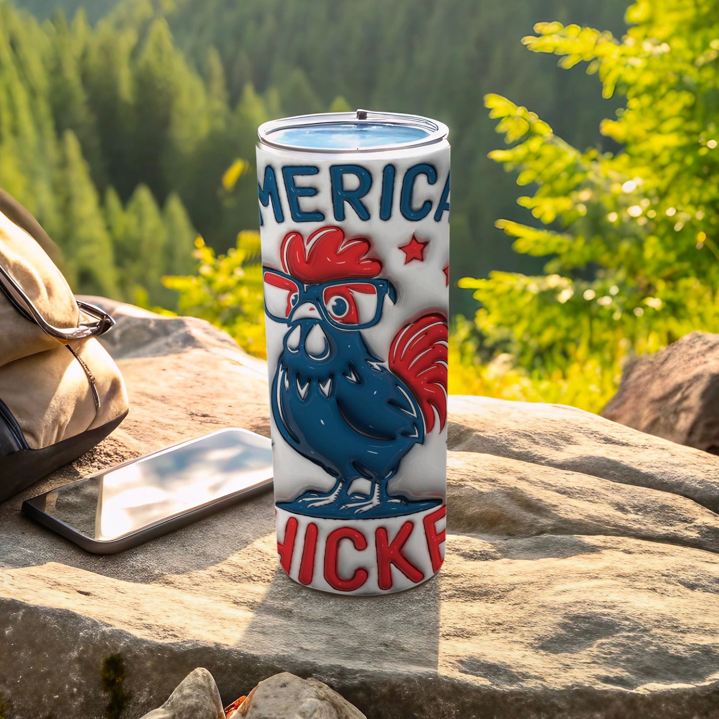 Tumbler with blue rooster wearing glasses and text "America's Pride".