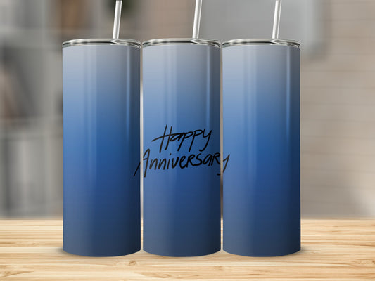 Blue ombre tumbler with "Happy Anniversary" text and straw.