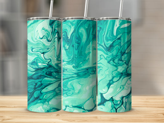 Three tumblers with abstract teal and white marble pattern designs.