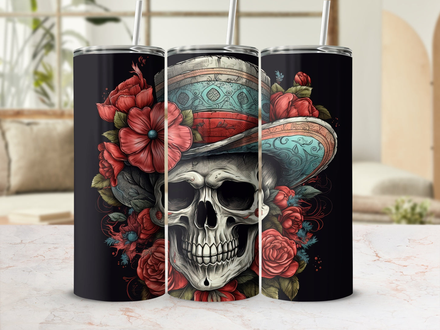 Skull with Hat and Flowers Illustration Tumbler