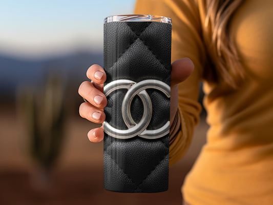 Black Quilted Design With Silver Logo and Colorful Borders Tumbler