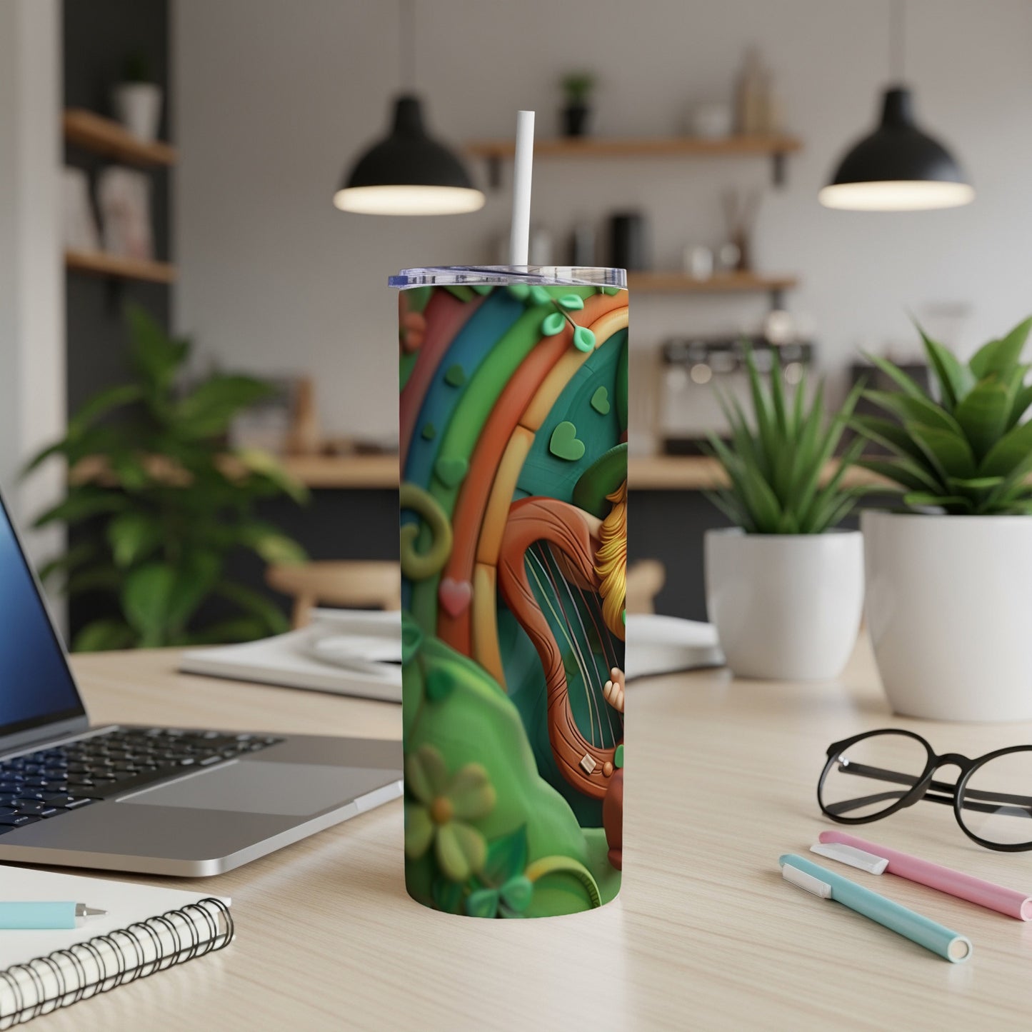 St. Patrick's Day tumbler with rainbow, shamrocks, and a leprechaun playing a harp.