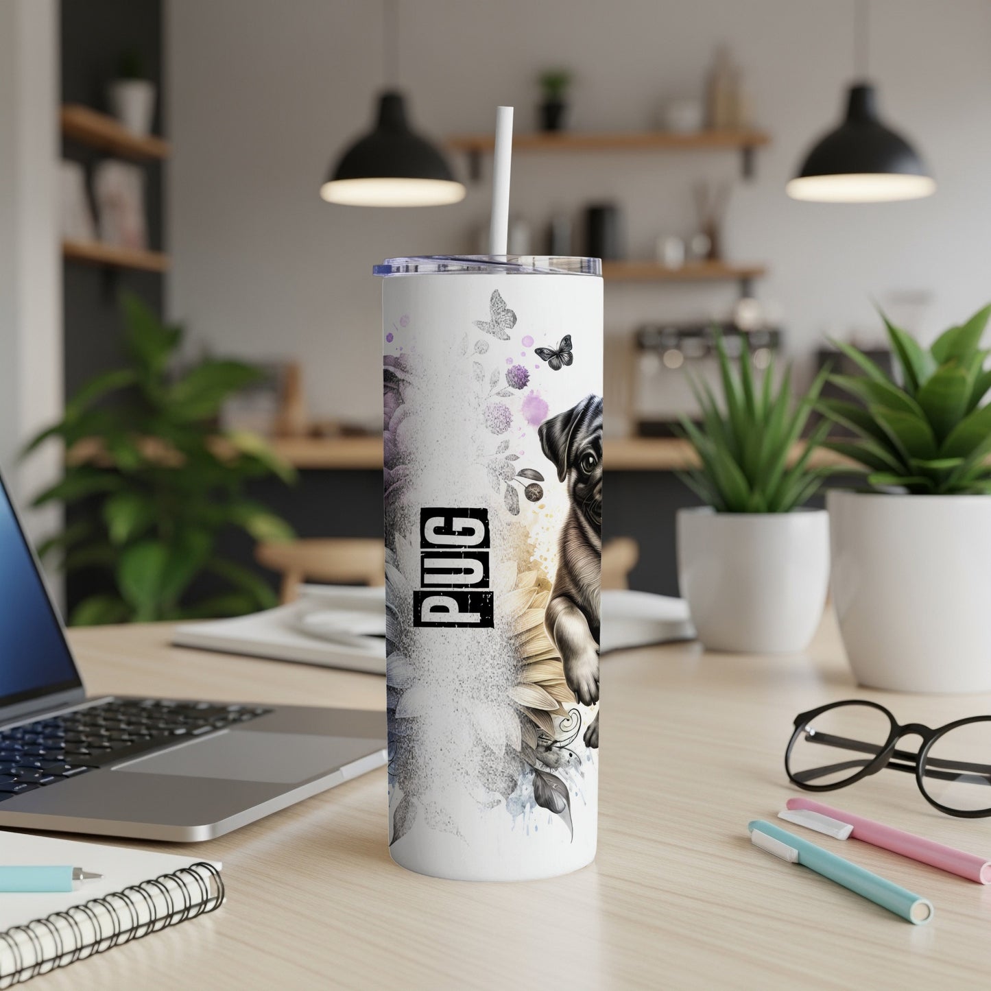 White tumbler with pug, sunflower, and butterfly design.