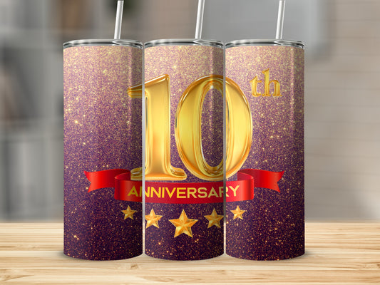 Gold "10th Anniversary" text on a sparkling purple background with stars.