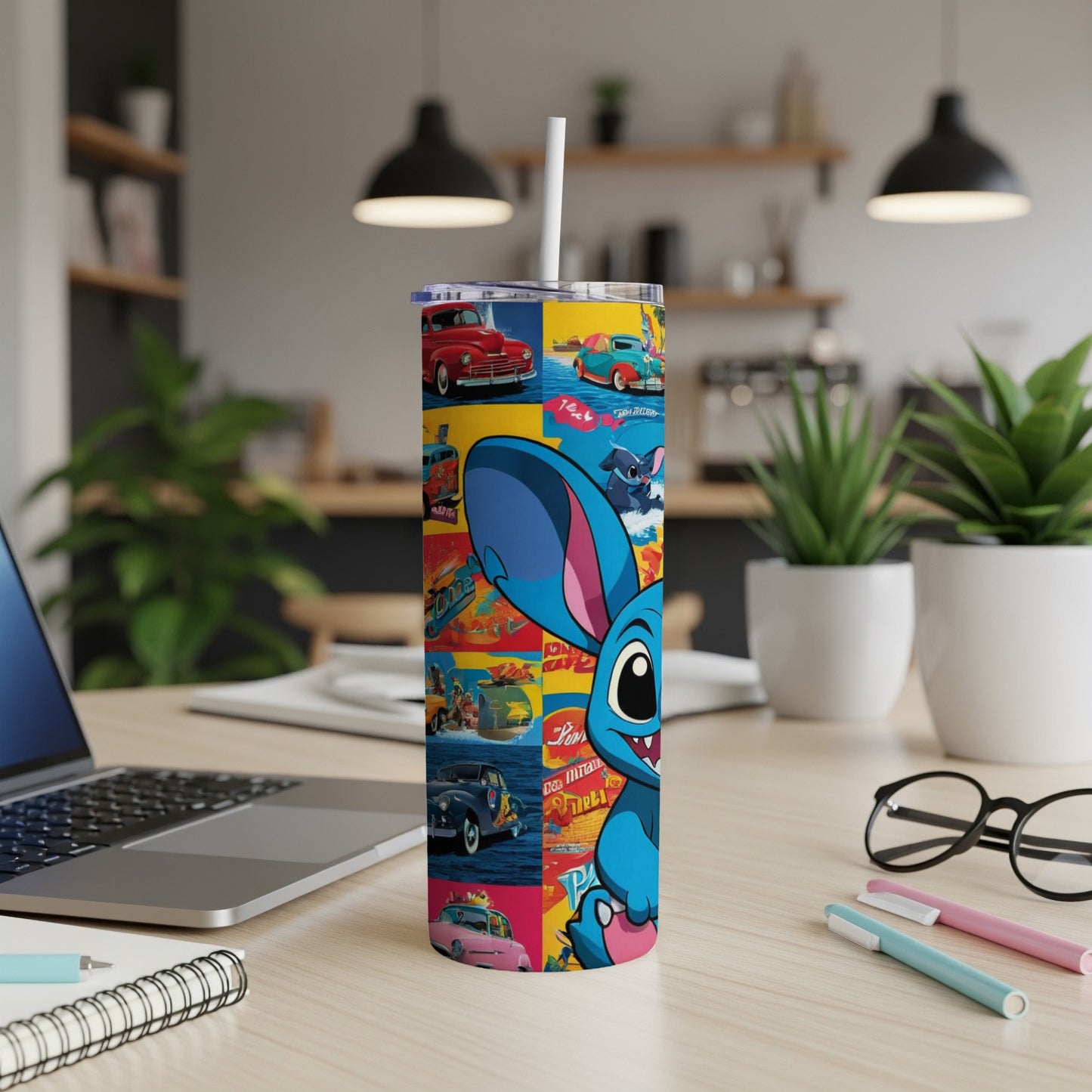 Blue Stitch character on a tumbler with retro car pattern.