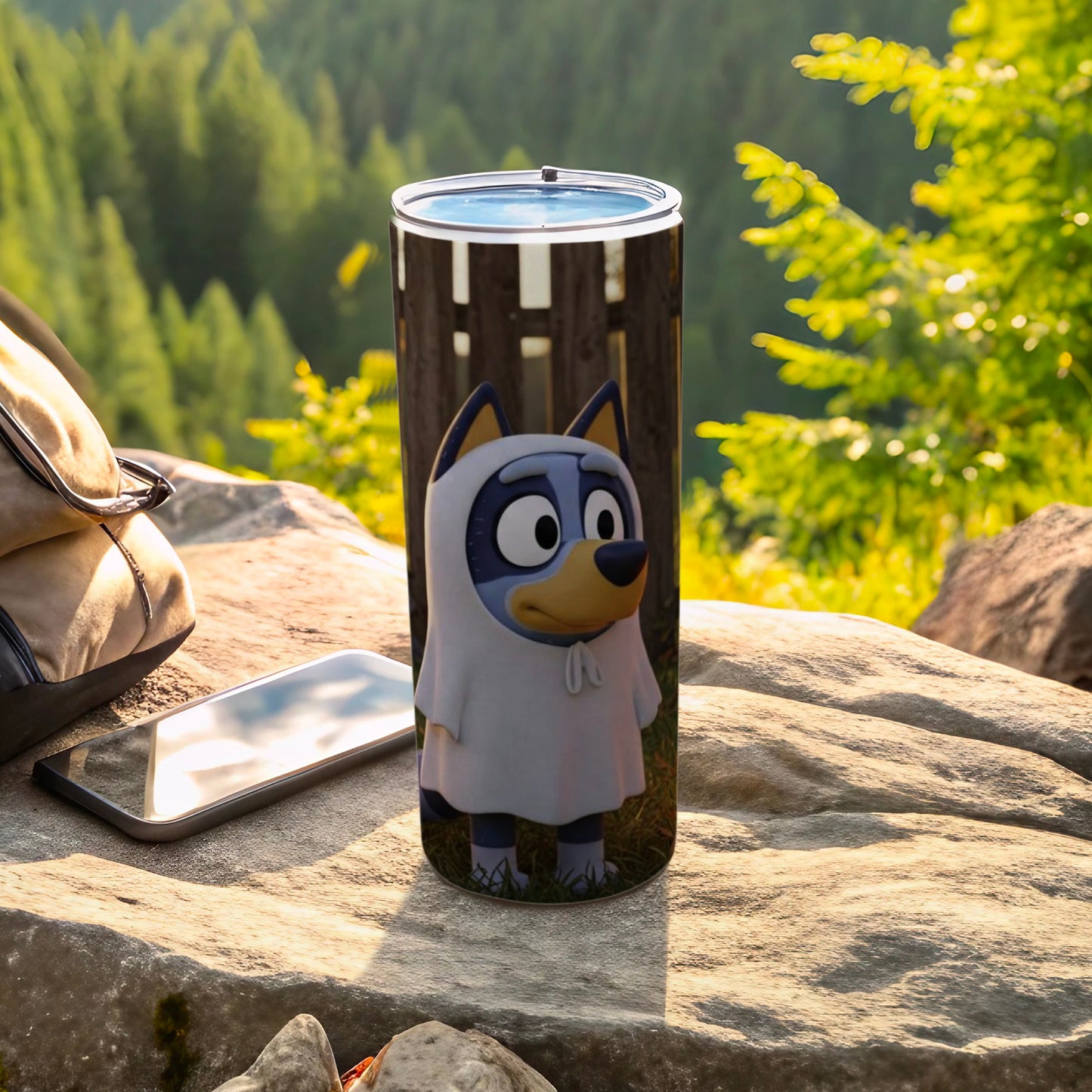 Blue Dog Character in White Cloak Travel Tumbler