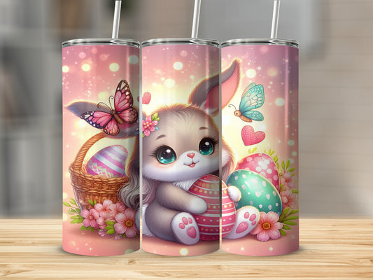 Easter bunny with painted eggs and butterflies, surrounded by flowers.