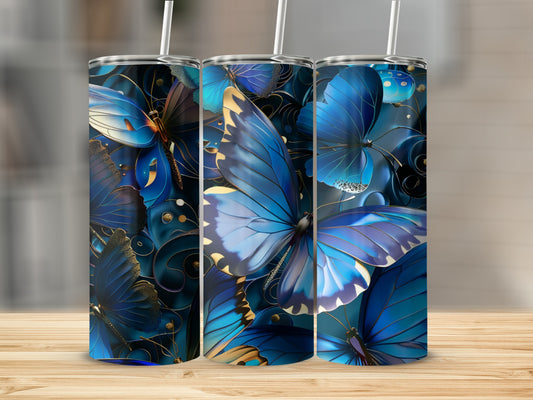 Blue butterflies with golden accents on a decorative background.