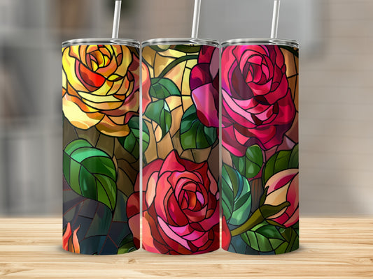 Three tumblers with stained-glass rose designs in red, pink, and yellow.
