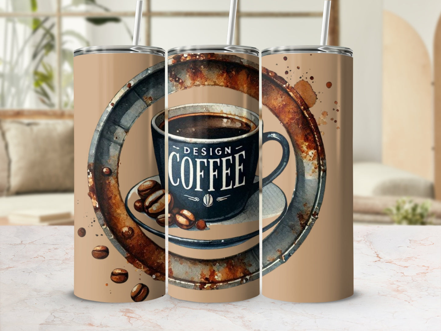Coffee Design Artwork with Beans Travel Tumbler Cup