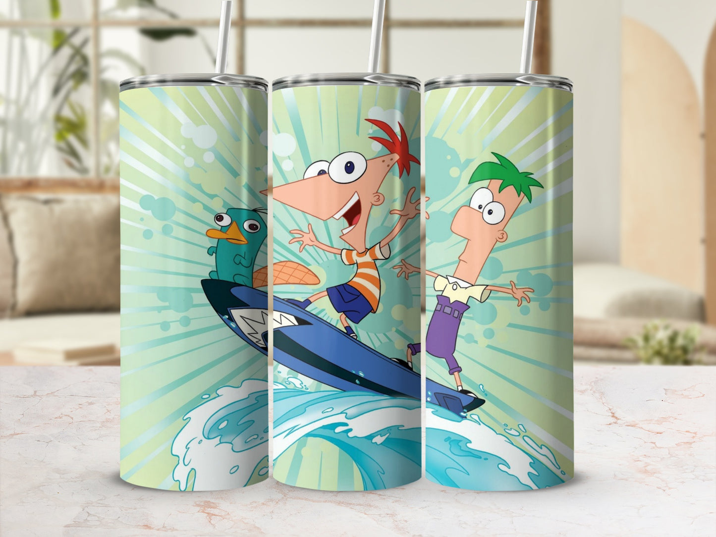 Cartoon Characters Surfing Design Tumblers