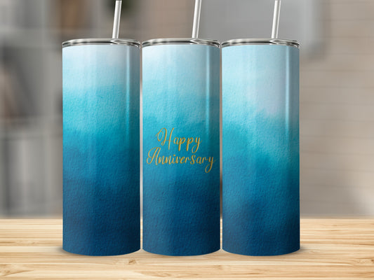 Three blue ombre tumblers with "Happy Anniversary" text.
