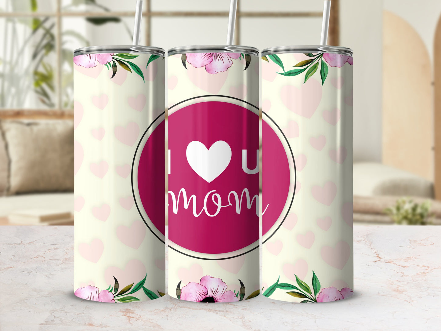 I Love U Mom Floral Heart Design Tumbler Cup
