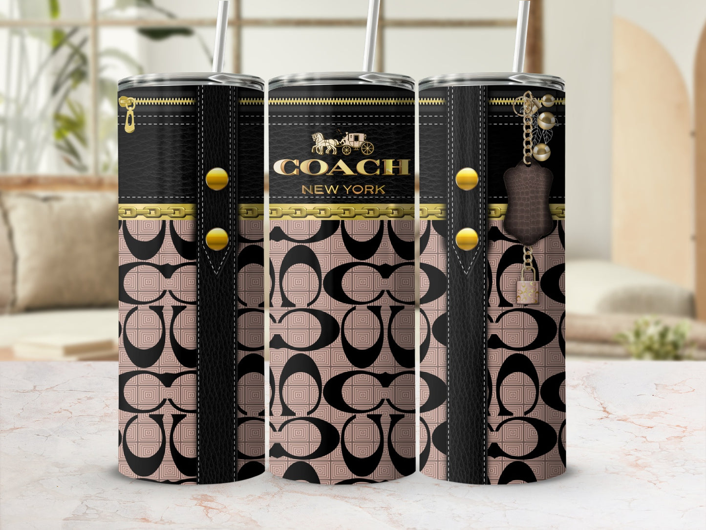 Coach New York Black and Gold Patterned Tumbler