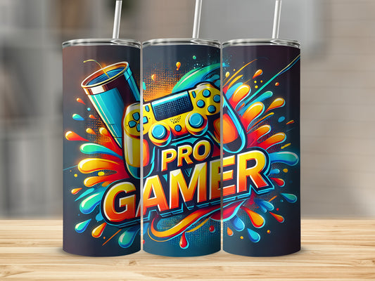 Three tumblers with "Pro Gamer" text and colorful controller graphics.
