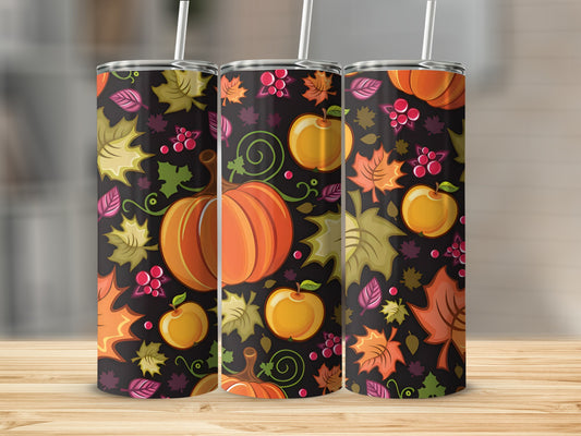 Black tumbler with pumpkins, apples, and fall leaves pattern.