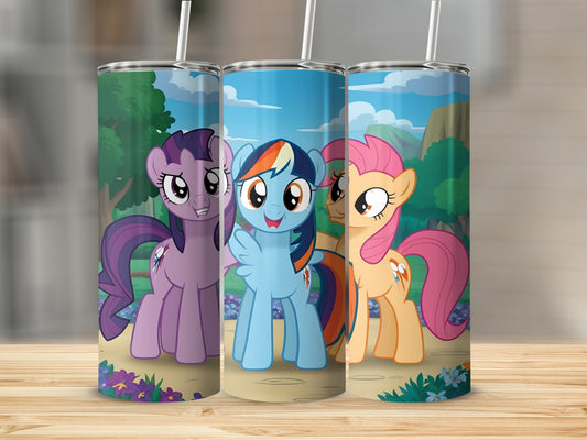 Three My Little Pony characters, Twilight Sparkle, Rainbow Dash, and Pinkie Pie, on a tumbler.