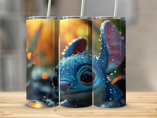 Stitch character with water droplets on fur, digital art.