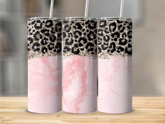 Three pink marble tumblers with leopard print and glitter tops.