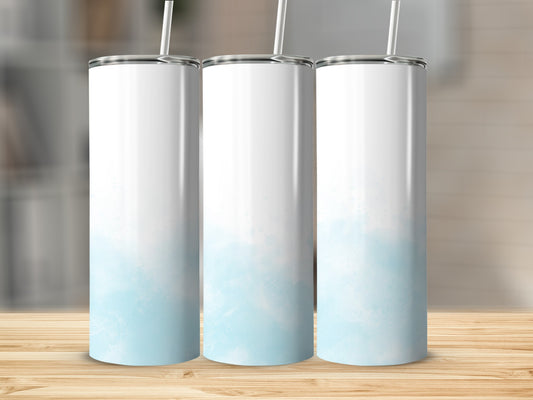Three blank white tumblers with light blue watercolor designs.