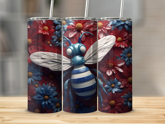 Three tumblers with a blue and white striped bee on a red floral background.