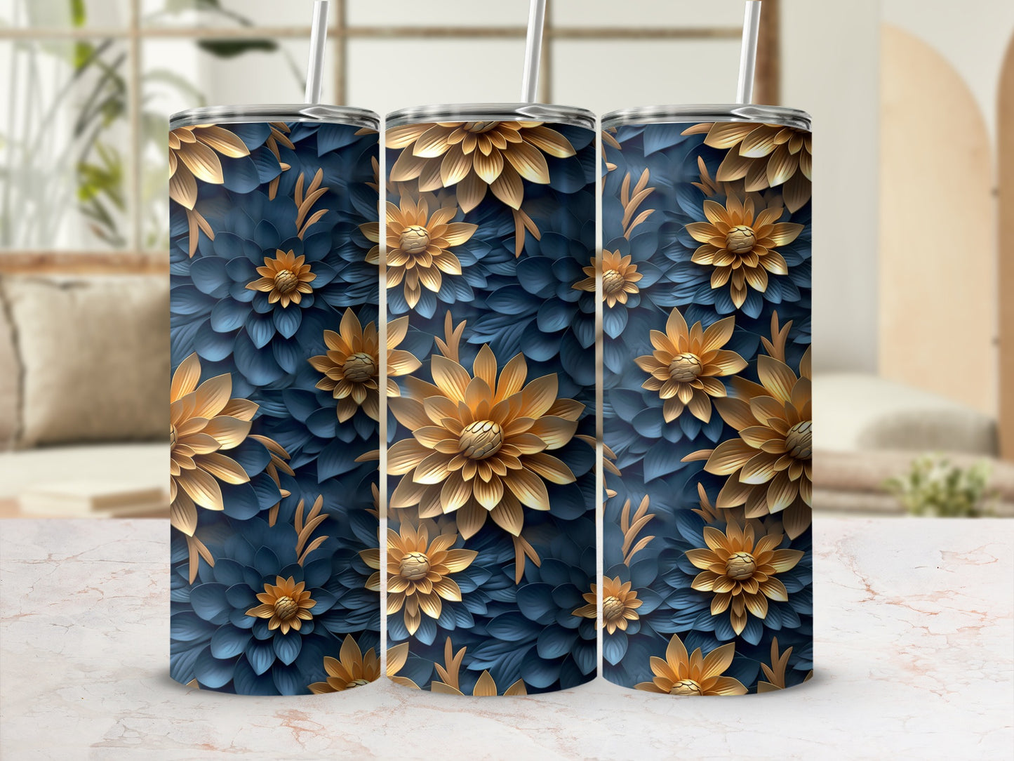 Elegant Floral Design Tumbler with Straw 20oz Drinkware