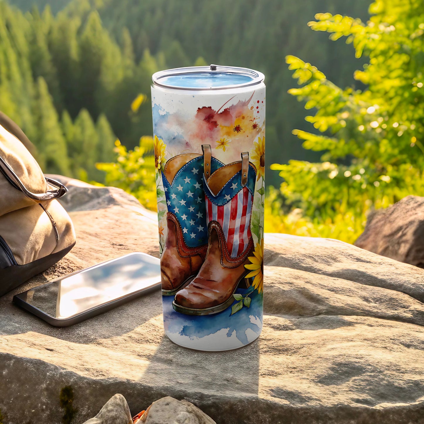 USA flag cowboy boots with sunflowers on a tumbler.