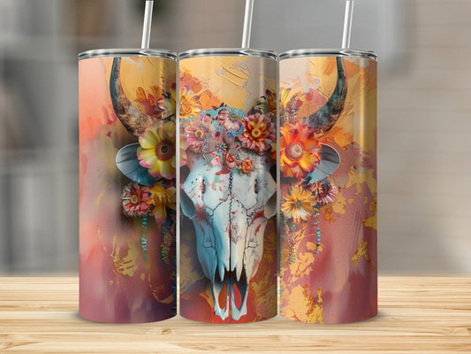 Skull with flowers and horns on colorful textured background.