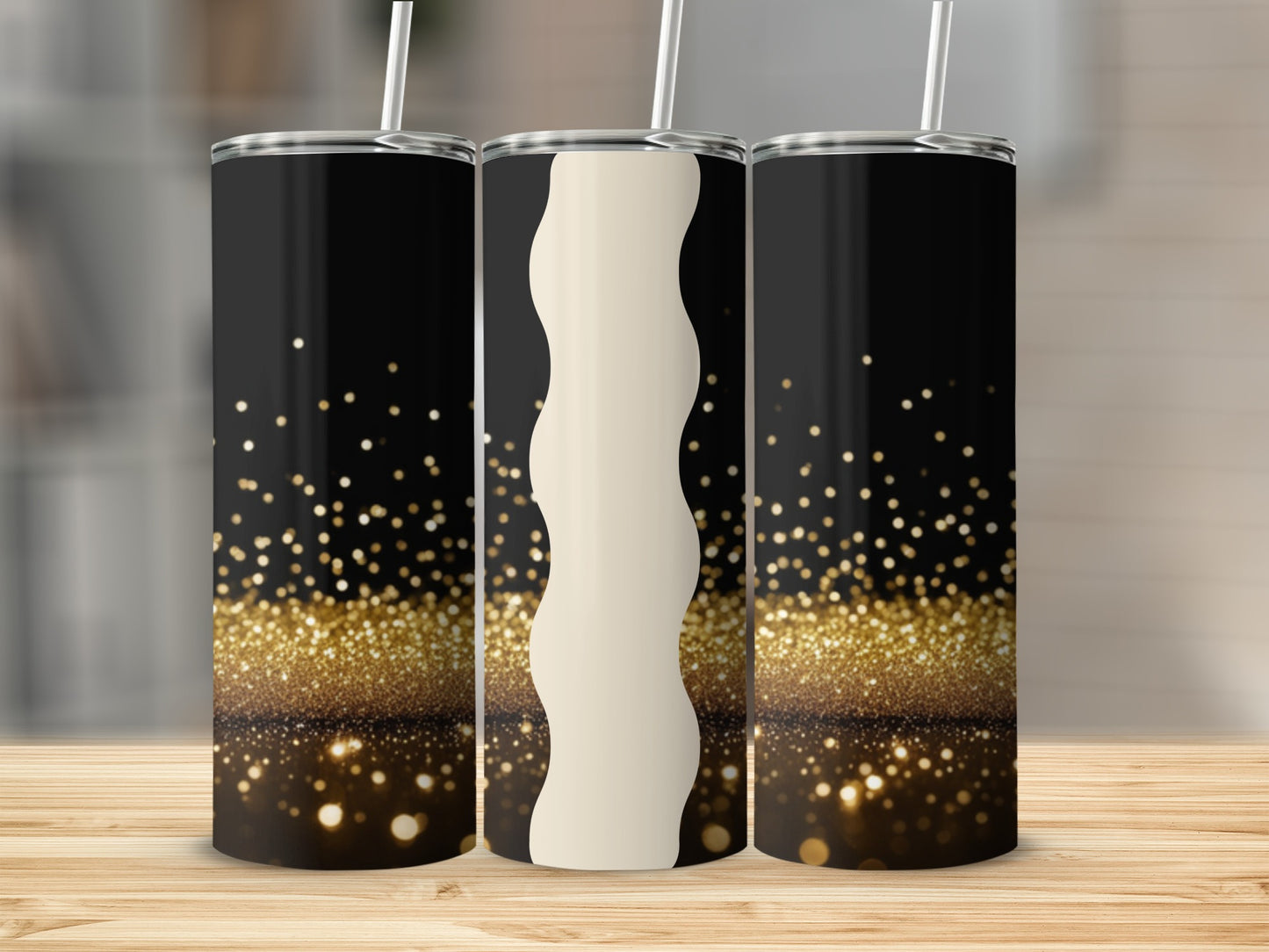 Three tumblers with black, gold glitter, and cream wave design.