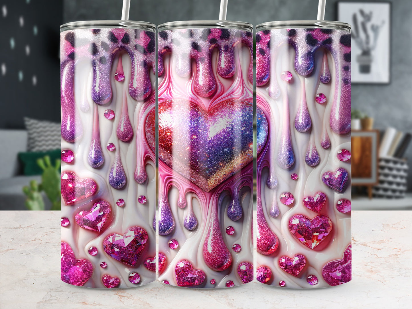 Valentine's Day! Glazed Hearts in Pink and Purple Valentine's Day! Dripping Hearts and Gems on Creamy Surface Tumblers