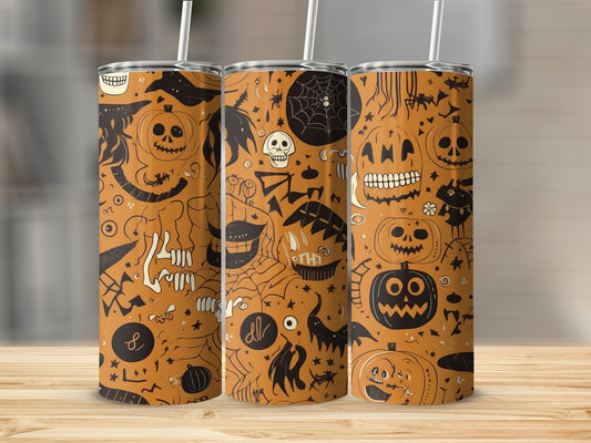 Three tumblers with a Halloween pattern featuring pumpkins, skulls, and bats.