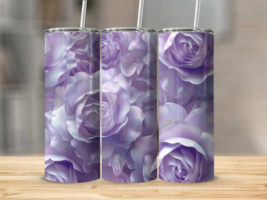 Three tumblers with a purple rose floral pattern on a wooden surface.