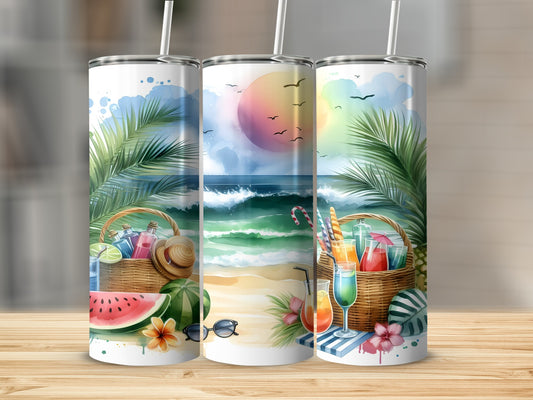 Three beach-themed tumblers with drinks, fruit, and sunglasses.