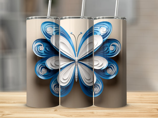 Three tumblers with a layered blue and white butterfly design.