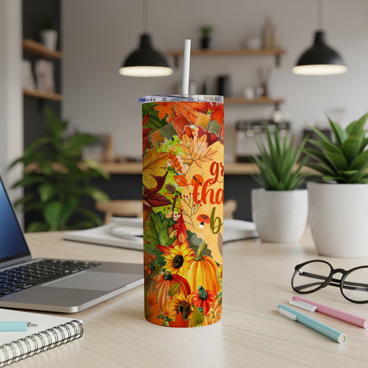 Tumbler with fall leaves, pumpkins, and sunflowers, reads "Grateful Thanks".