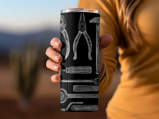 Black Tumbler with Tool Designs for Handy Enthusiasts