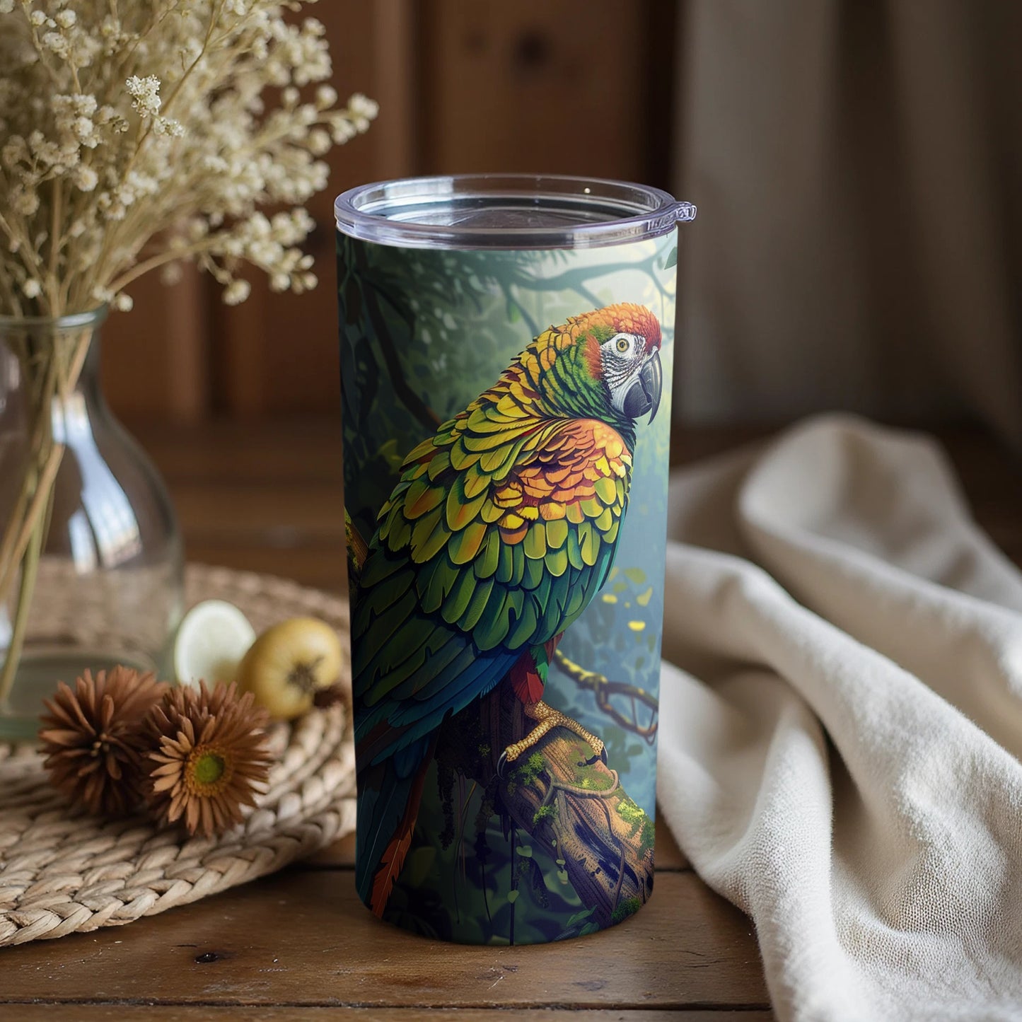 Vibrant Tropical Parrot Art Beverage Tumbler product type
parrot
tropical
bird art
jungle theme
colorful design
tumbler
beverage holder
drinkware
animal print
exotic bird
vibrant artwork
nature inspired
gift idea
travel mug
outdoor gear
hydration
unique design
rainbow parrot
forest motif
wildlife art