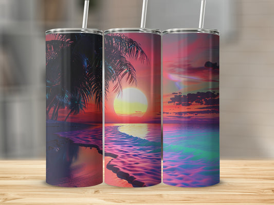 Three tumblers with a tropical sunset beach scene design.