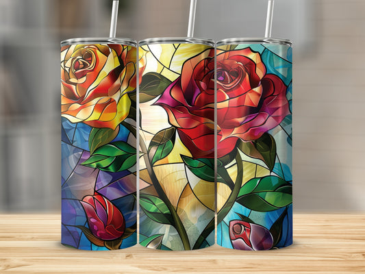 Three tumblers with stained glass rose designs.