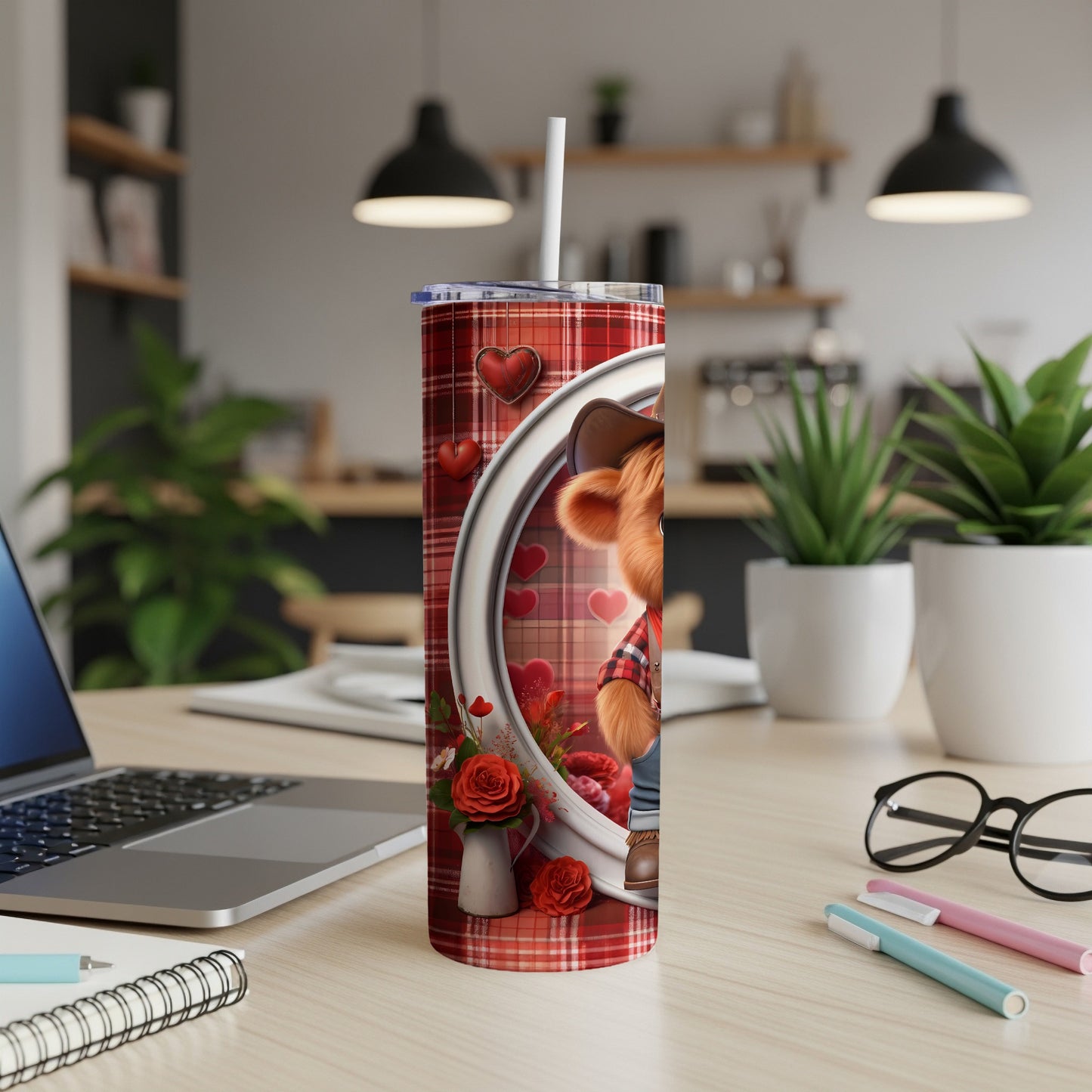 Cowboy bear with hearts and roses on a plaid Valentine's Day tumbler.