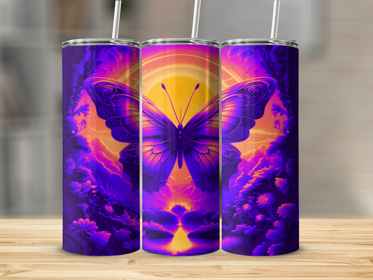 Purple butterfly with vibrant sunrise over tranquil water, floral accents.