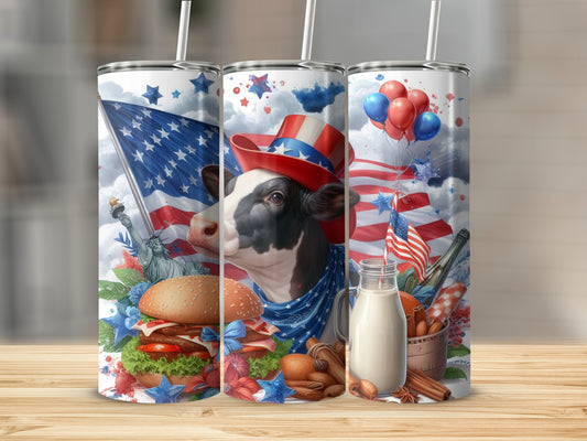 Patriotic cow with hamburger, balloons, and milk on a tumbler.