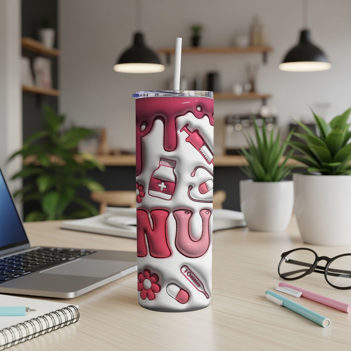 Pink tumbler with medical icons and "NURSE" text.