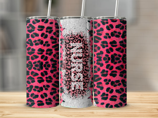 Pink leopard print tumbler with "Nurse" text, standing on a wooden surface.