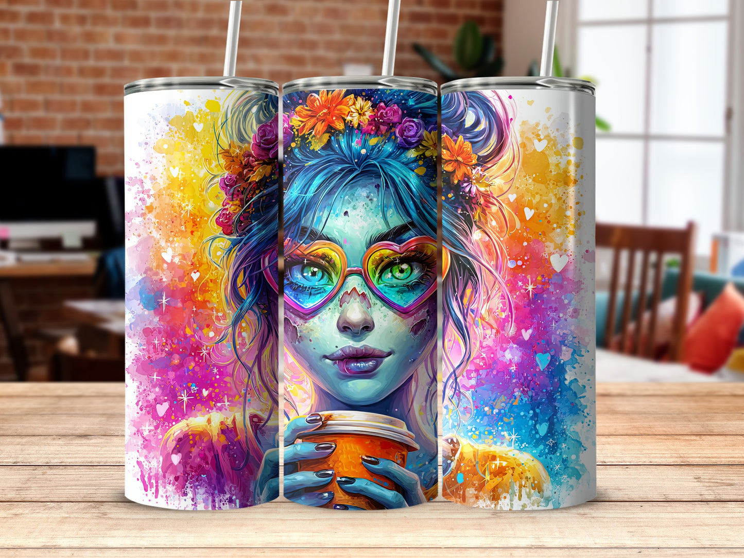 Colorful Art Illustration of Woman with Coffee Tumbler
