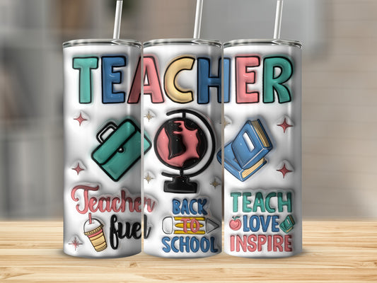 Three teacher-themed tumblers with school icons and motivational text.