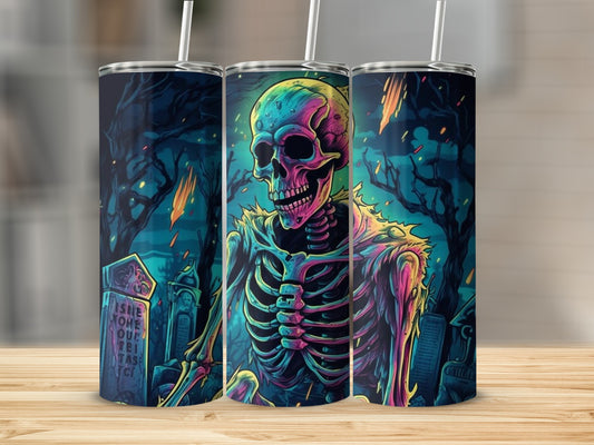 Three tumblers featuring a colorful skeleton in a spooky graveyard with falling objects.