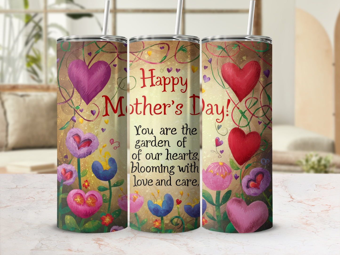Happy Mother's Day Heart and Flower Design Tumbler
