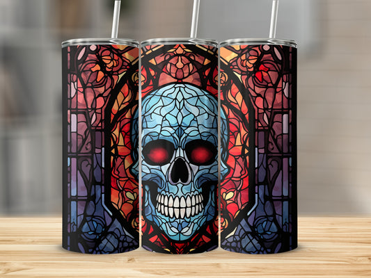 Three tumblers featuring a blue skull with red eyes and a stained-glass background.