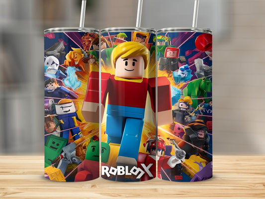 Roblox characters on a colorful tumbler with straws.